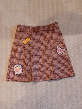 Dreamers Pink-Brown Plaid Patch A-Line Mini Skirt